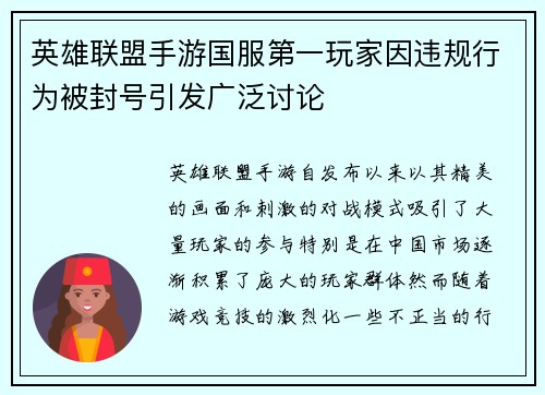 英雄联盟手游国服第一玩家因违规行为被封号引发广泛讨论 英雄联盟手游国服第一玩家因违规行为被封号引发广泛讨论